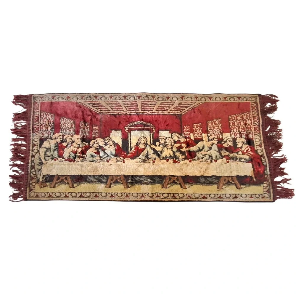Vintage The Last Supper Velvet Tapestry Jesus Religious Wall Hanging Rug Italy